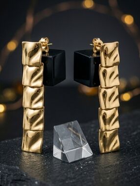 18K Gold Plated Stainless Steel Hammered Geometric Statement Drop Earrings